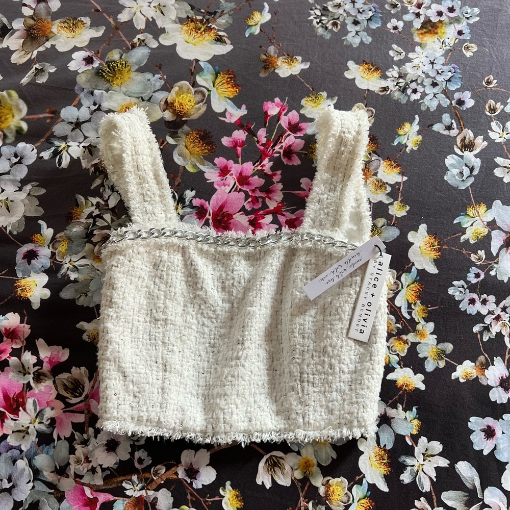Alice + Olivia "Coralie" Chain Trimmed Frayed Tweed Crop Top 🌈BNWT🌈 - Picture 7 of 10